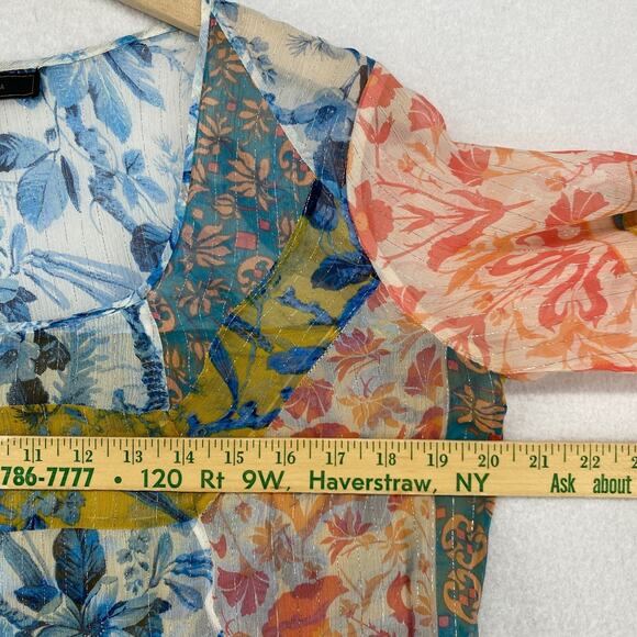 BCBGMAXAZRIA Top S Silk Sheer Floral Metallic Striped Long Sleeve Blue Orange - Picture 9 of 11